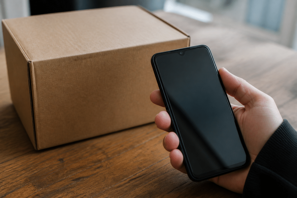 Colis Amazon avec telephone affichant numero suspect inconnu