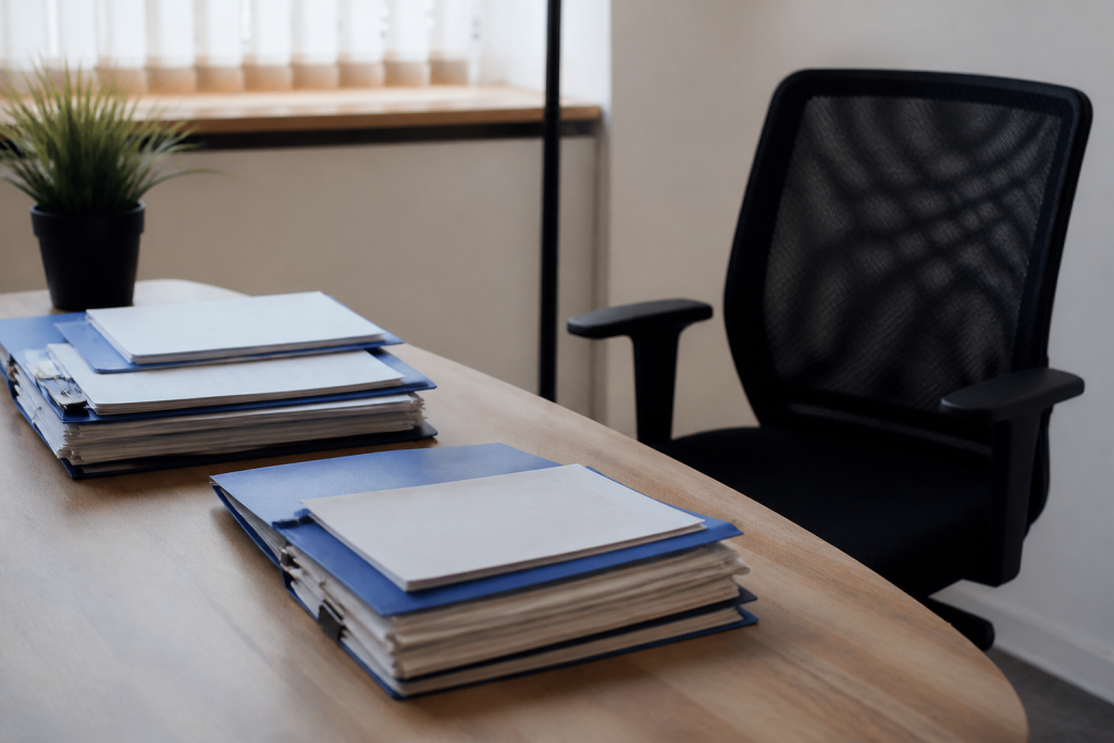 Dossiers de recrutement sur bureau avec chaise vide