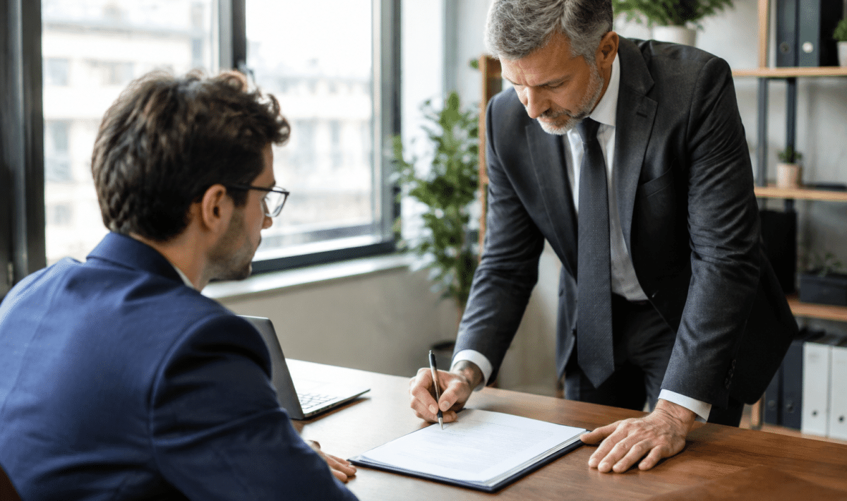 Employe assis face a son patron debout signant documents vente