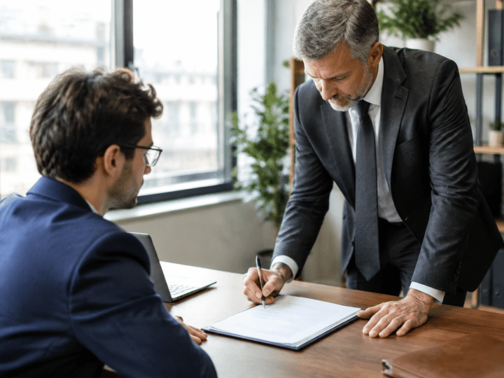 Employe assis face a son patron debout signant documents vente