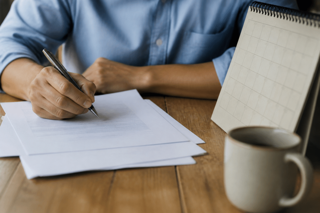 Document contrat avec stylo et calendrier rappel